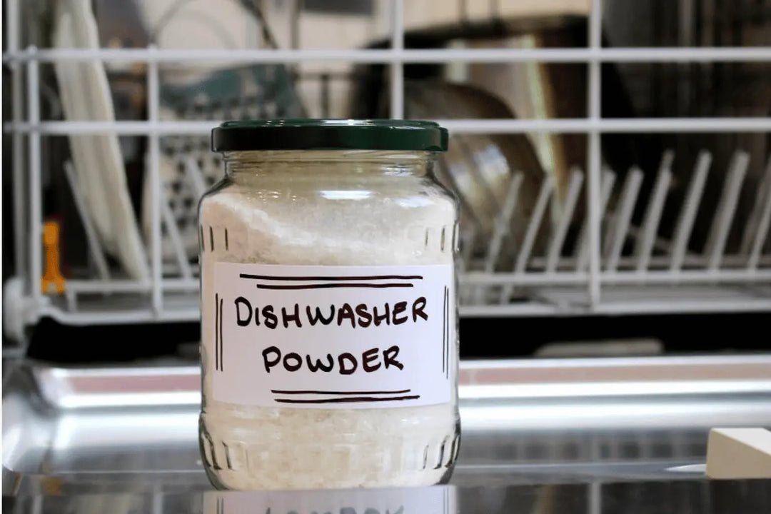 Homemade dishwasher powder in recycled jar Go Native NZ home recipe