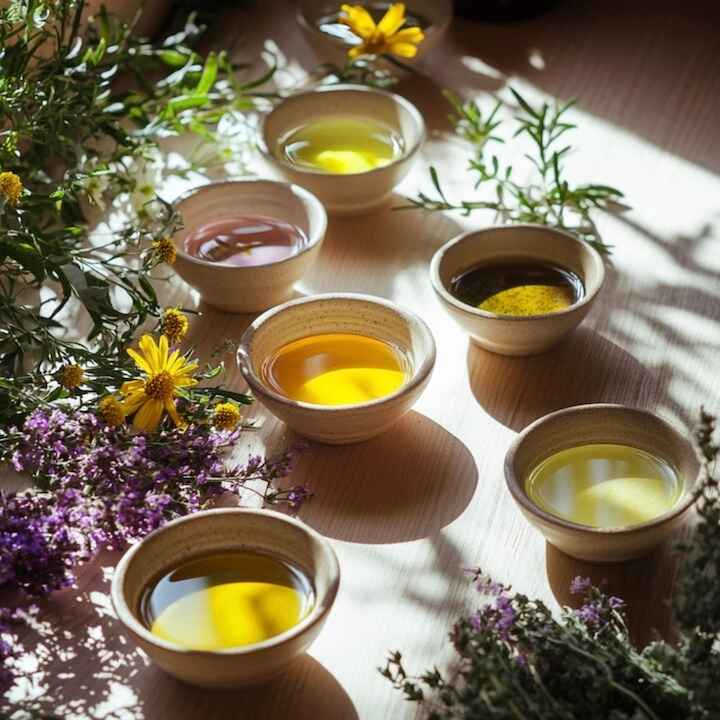 different coloured go native carrier oils in small ceramic bowls on table with herbs