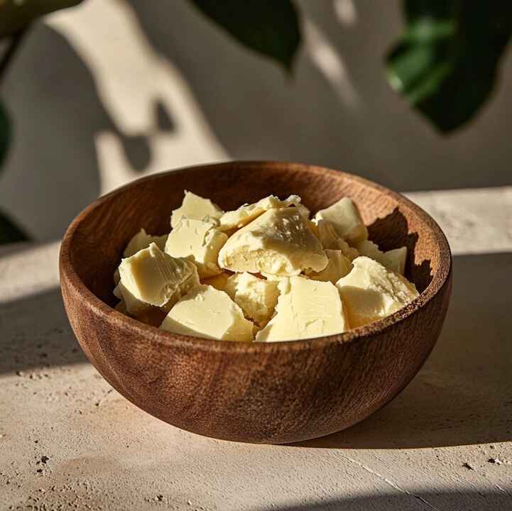 chunks of shea butter from go native  in a wooden bowl