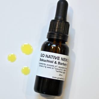 Barbary & bakuchiol face serum in bottle with Go Native NZ label