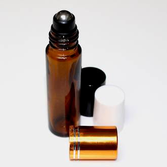 Amber glass roll-on: 10ml With stainless steel ball. Choice of black, white or gold cap on white table Great for the storing and application of DIY perfume.