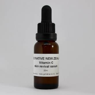 Vitamin C skin revival serum in a amber dropper bottle with Go Native NZ label